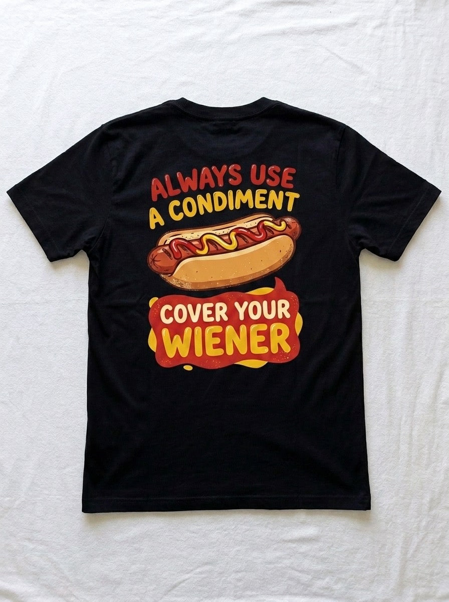 Back of a black t-shirt printed with always use a condiment above a hot dog, and cover your wiener below.