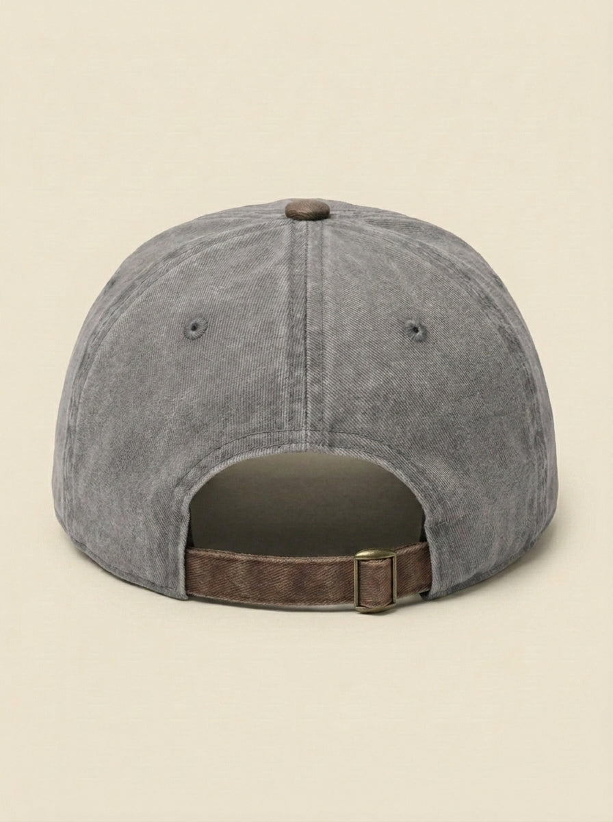 Back of the grey and brown Dale's Depot company hat, showing the adjustable strap.