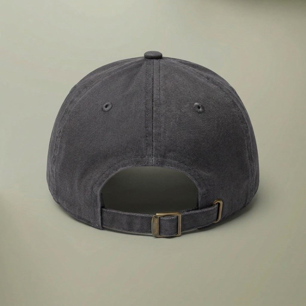 Back of the charcoal grey Doug's Small Engine Repair hat, showing the adjustable strap.