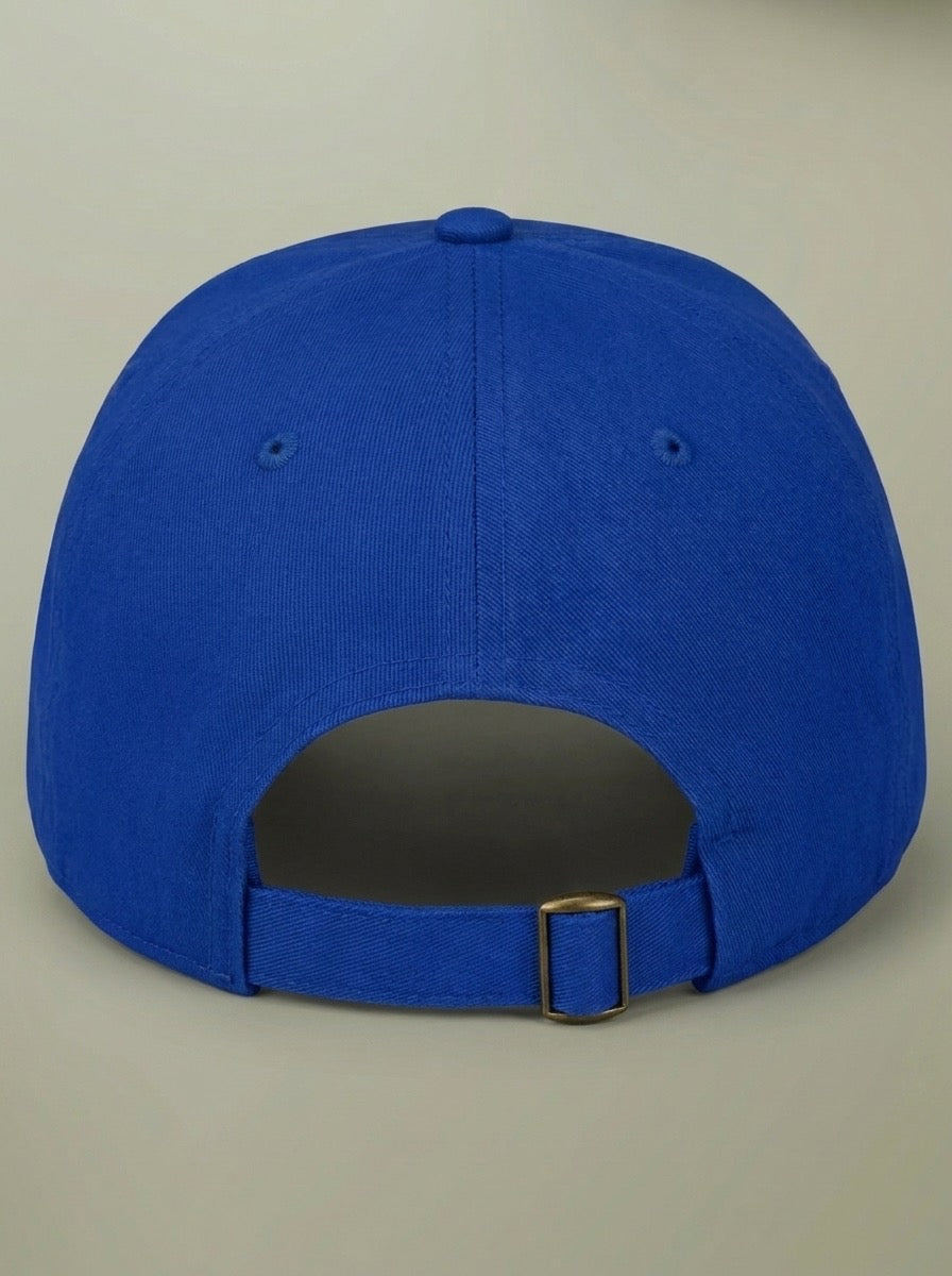 Back of the royal blue 1998 ice storm hat, showing the adjustable strap.