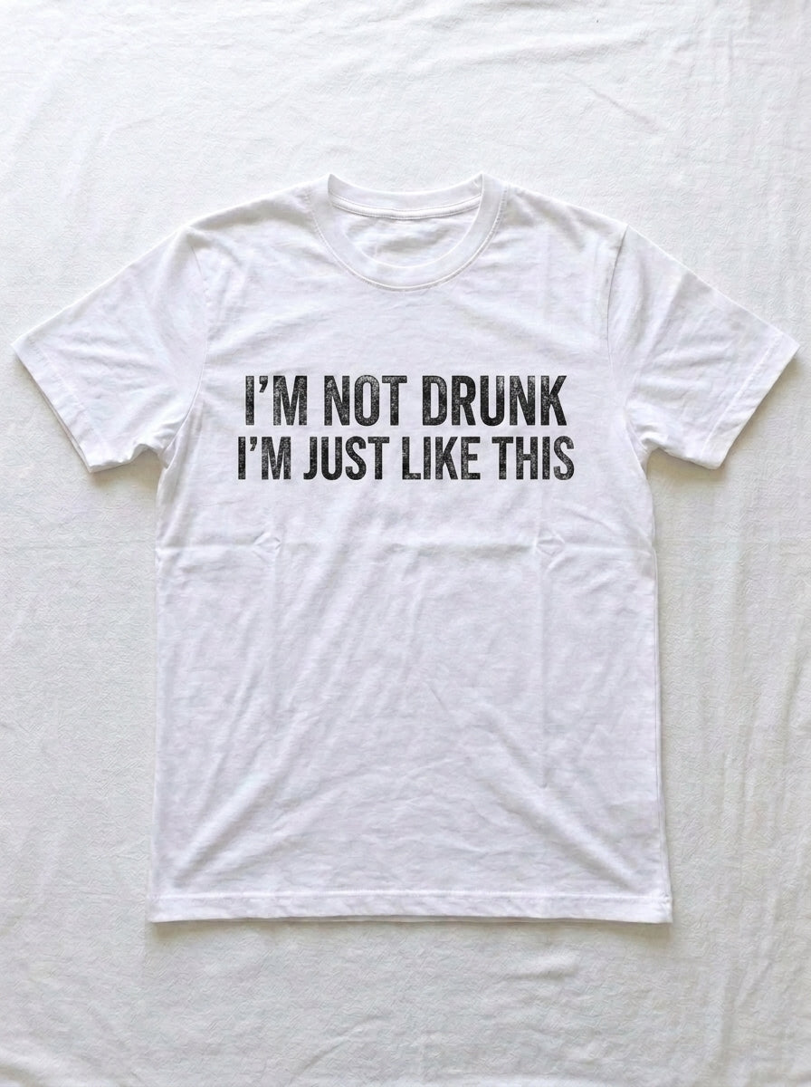 Back of a white t-shirt printed in distressed black type with I'M NOT DRUNK I'M JUST LIKE THIS.