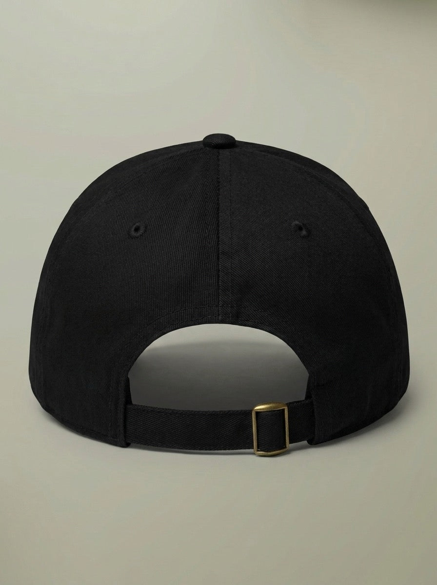 Back of the black karaoke night hat, showing the adjustable strap.