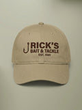 Khaki dad hat embroidered in dark brown with a fish hook beside RICK'S BAIT & TACKLE and EST. 1981.