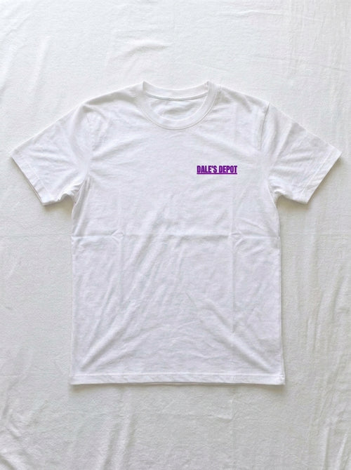 Front of a white t-shirt, blank apart from a small DALE'S DEPOT logo in purple on the left chest.
