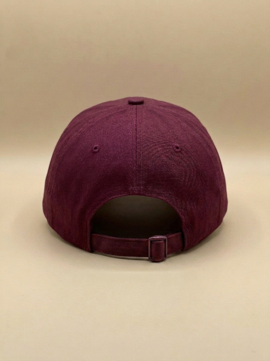Back of the maroon St. Mary's Bowling League hat, showing the adjustable strap.
