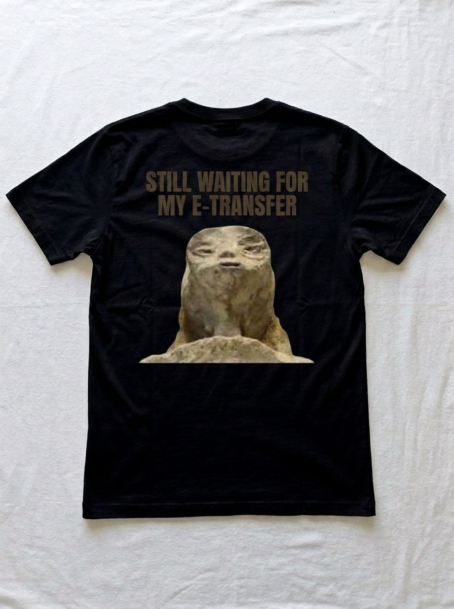 Back of a black t-shirt printed with still waiting for my e-transfer above a weathered stone creature.