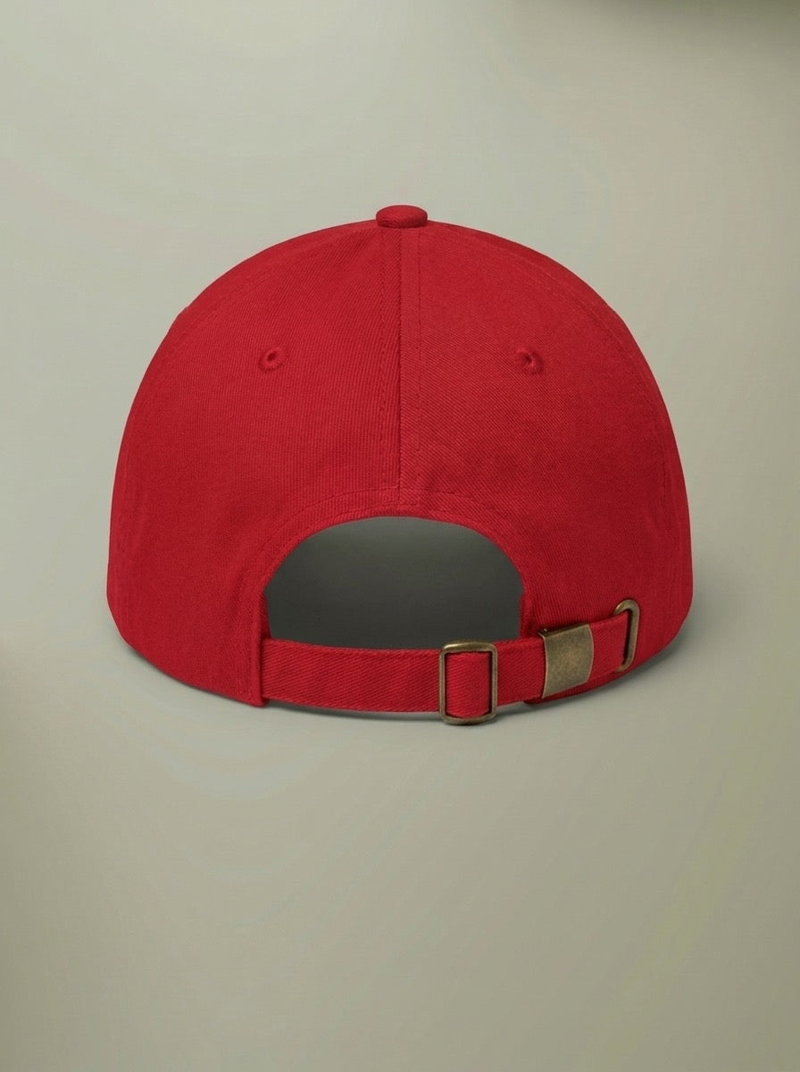 Back of the red Terry's Tire & Muffler hat, showing the adjustable strap and brass buckle.