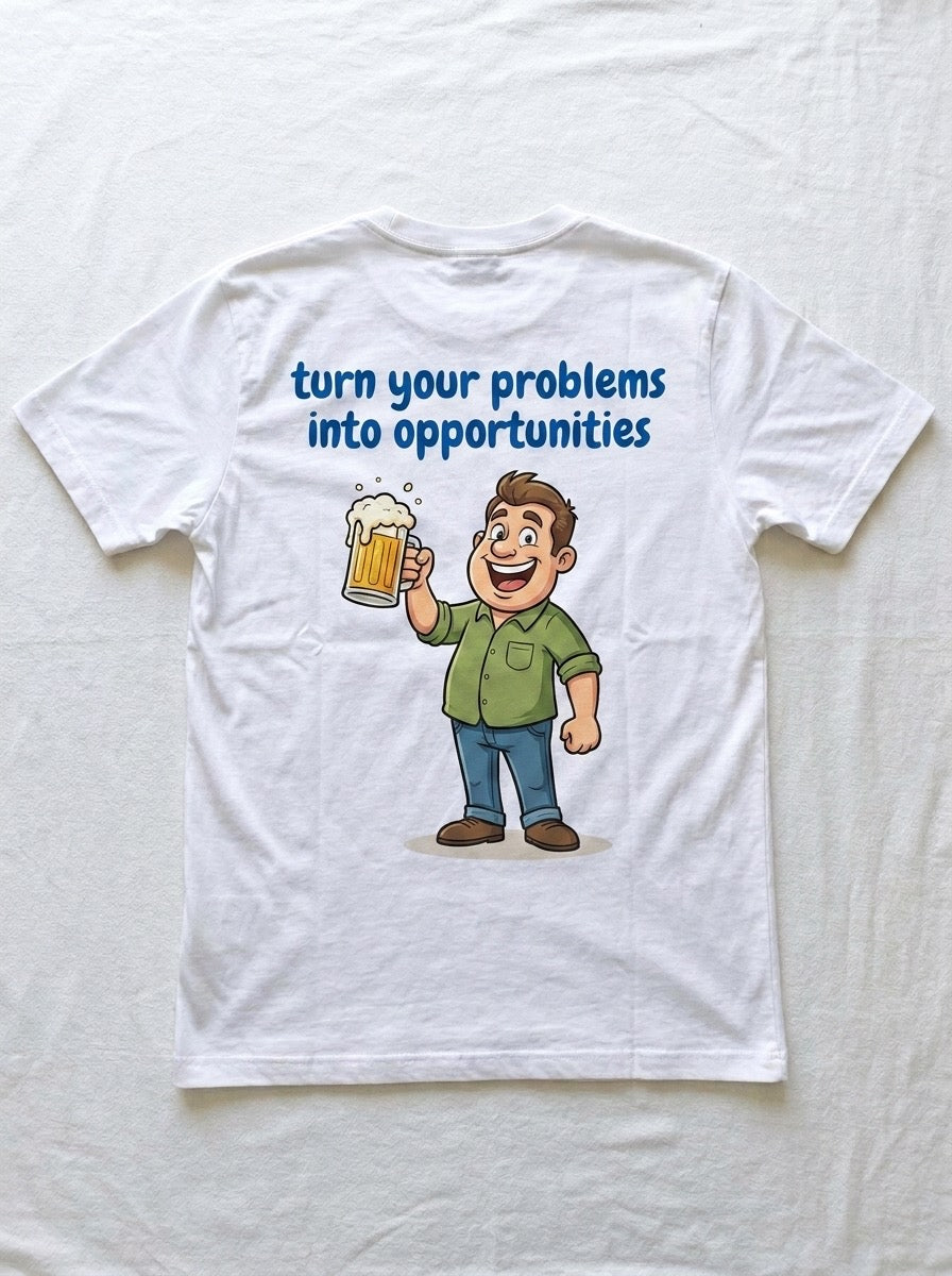 Back of a white t-shirt printed with the words turn your problems into opportunities above a cartoon man in a green shirt raising a mug of beer.